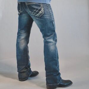 B. Tuff 28x30 Torque Mens Cowboy Bootcut Jeans (Tag 28x32) Embroidered Distress